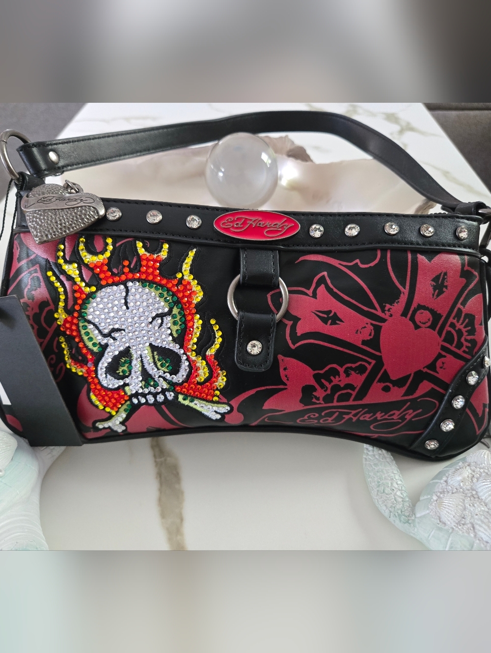 NWT Ed Hardy Y2K Baguette Bag – Rhinestone Skull & Flames – Smooth